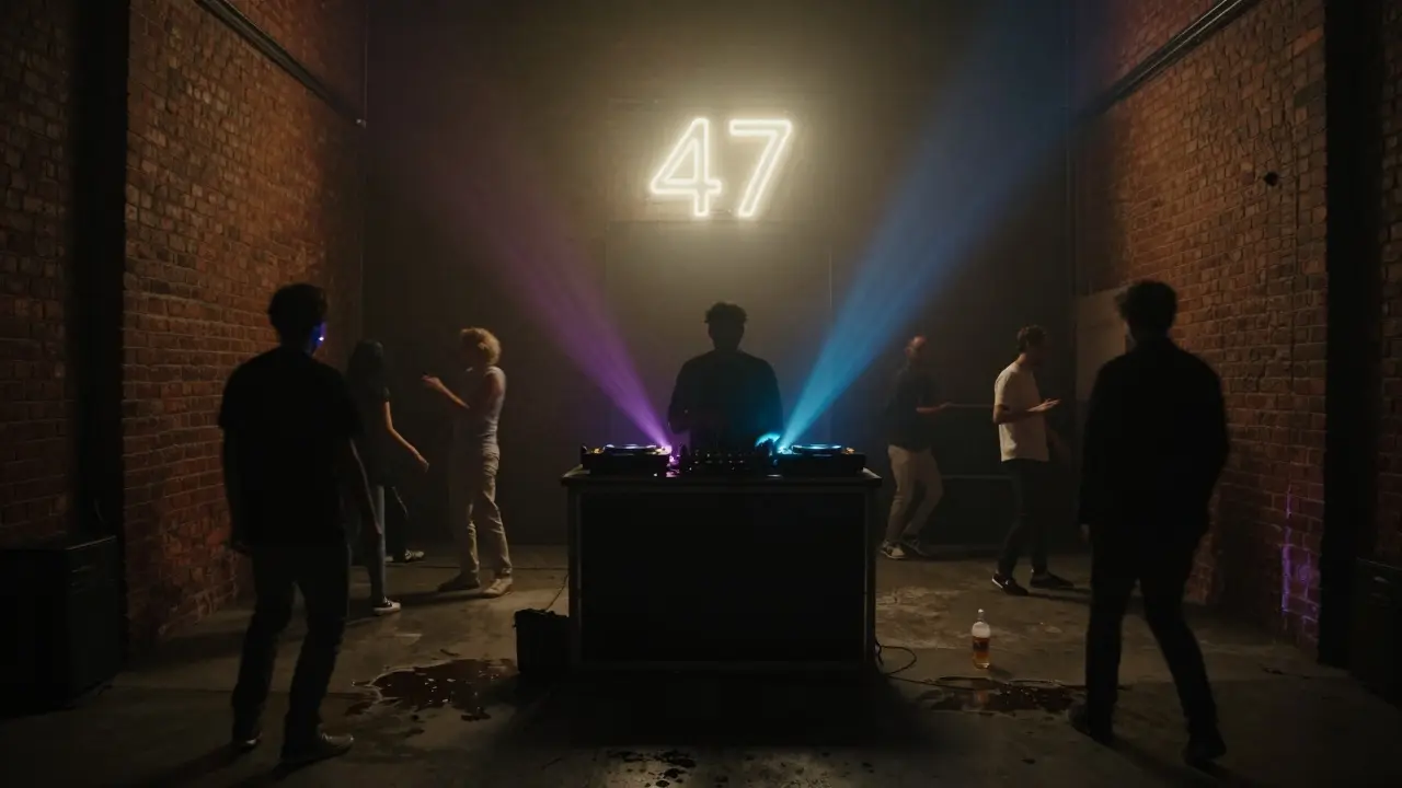 Underground warehouse club at midnight with raw brick walls, concrete floor, and dancers moving to deep house beats.