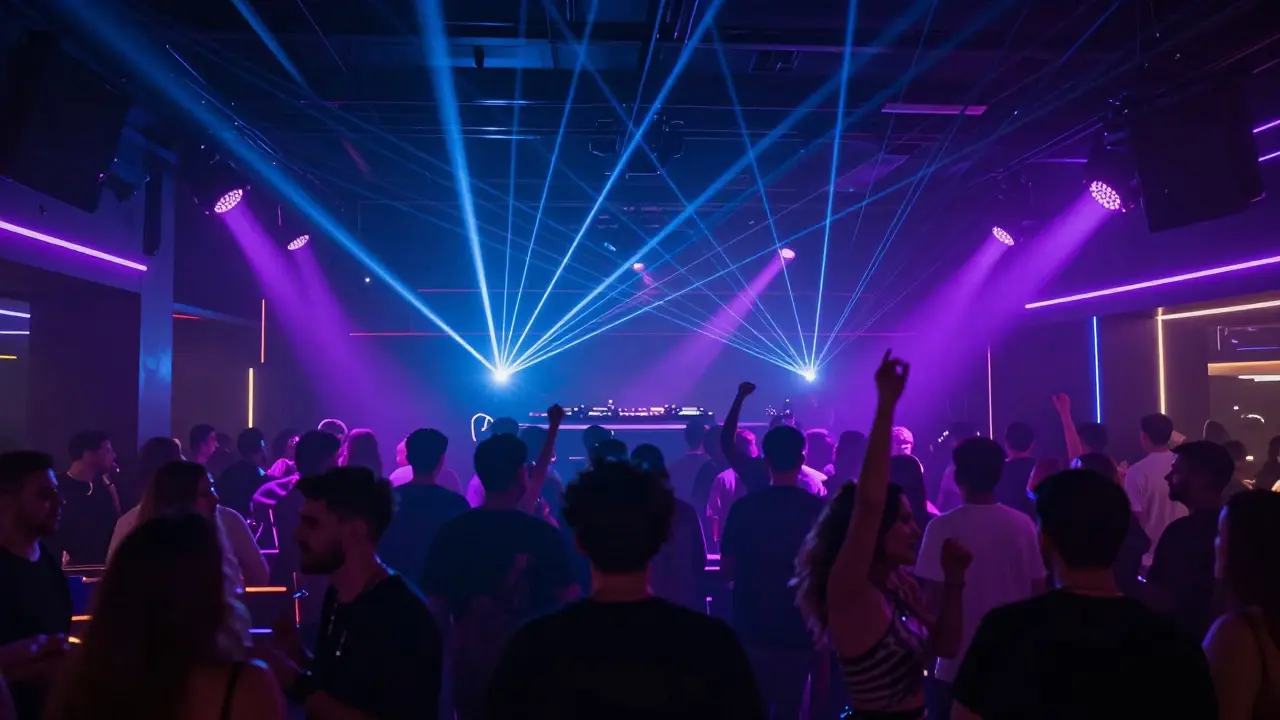 Vibrant digital illustration of a nightclub with lasers and dancing crowd