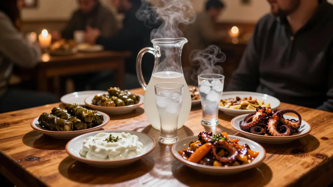 Wooden table with Turkish meze dishes and raki glasses.