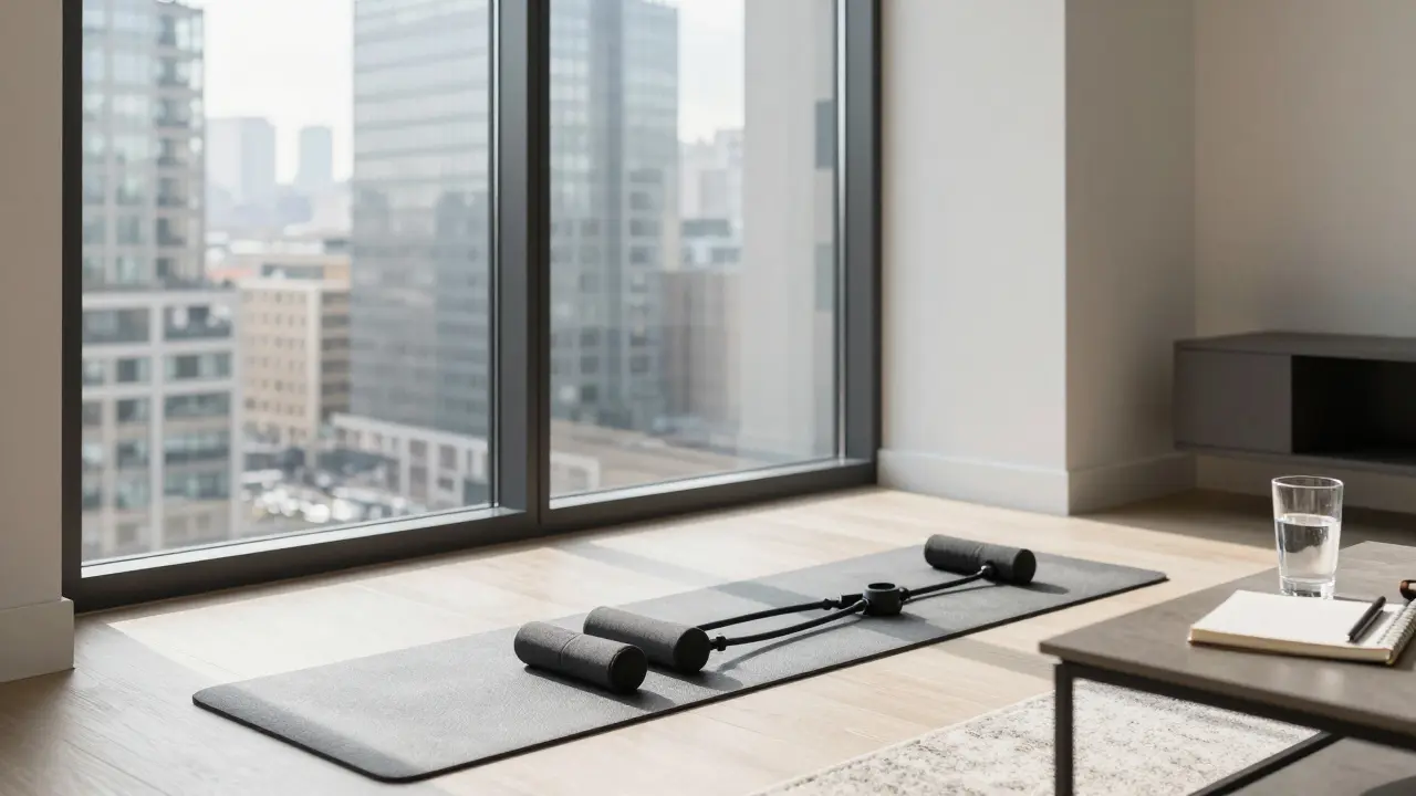 Yoga mat and resistance bands in a modern London apartment.