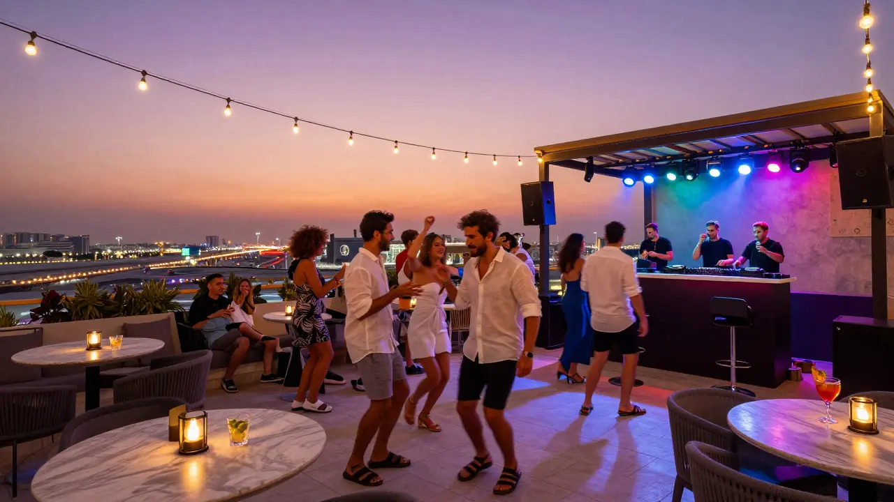 Young people dancing on a rooftop under string lights with the Yas Marina Circuit glowing in the distance.